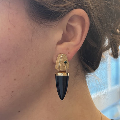 Black Onyx & Emerald Drop Earrings in 14k Yellow Gold