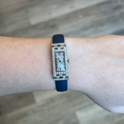 Blue Strap Antique Art Deco Diamond Watch in Platinum