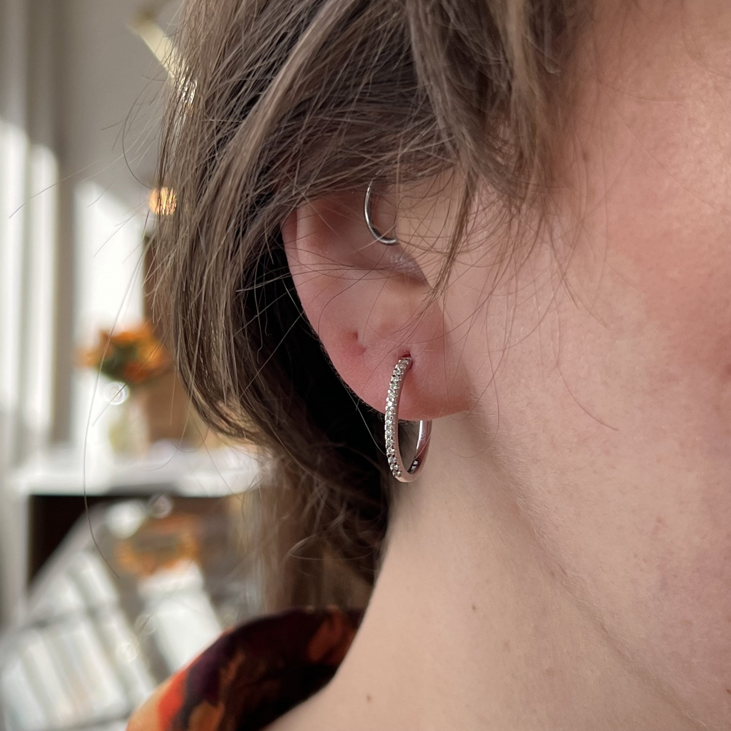 20mm Oval Diamond Hoop Earrings in 14k White Gold Filigree Jewelers