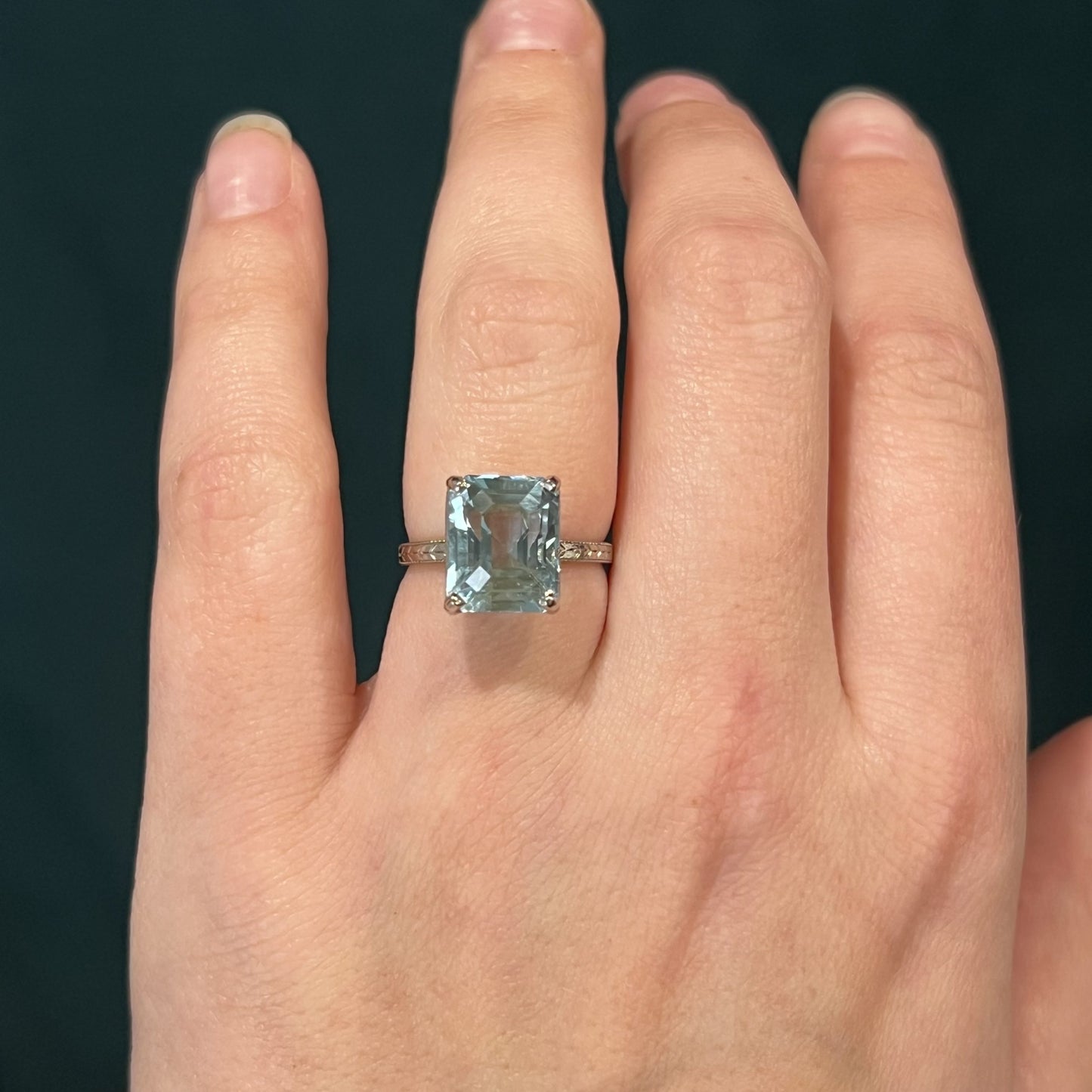 Art Deco Engraved Aquamarine Cocktail Ring in 14k White Gold