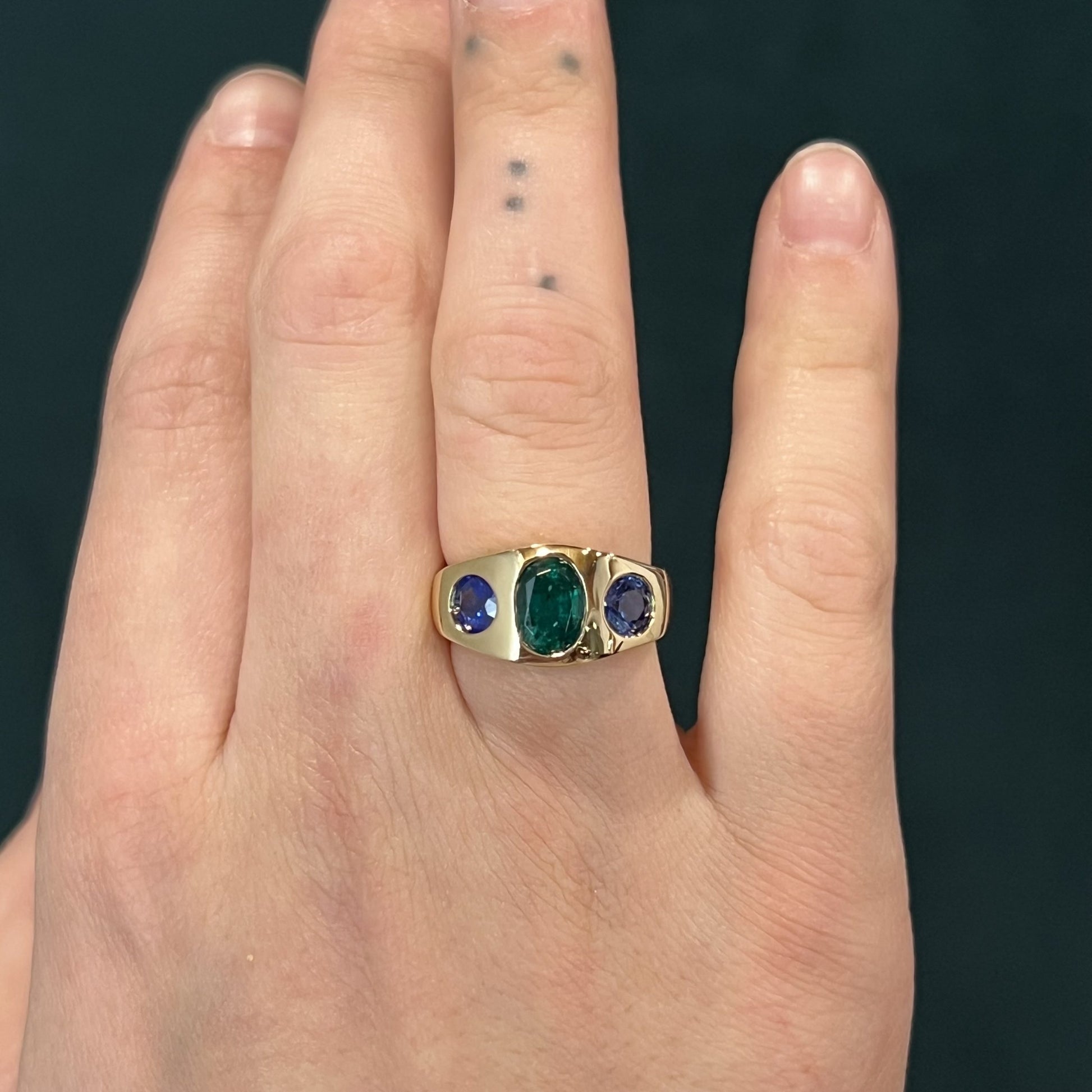 Flush Set Emerald & Sapphire Cocktail Ring 14k Yellow Gold