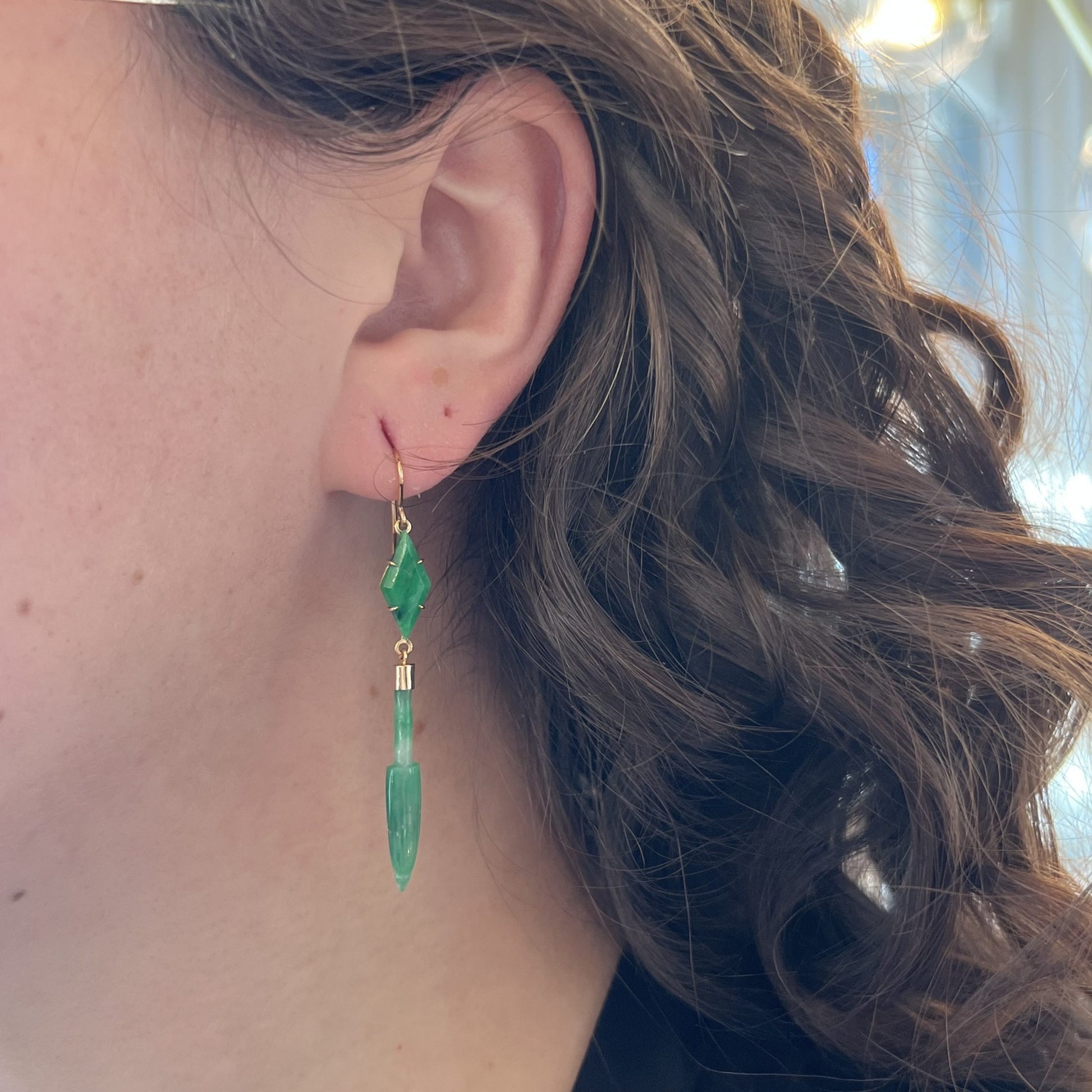 Jade Dagger Drop Earrings in 14k Yellow Gold