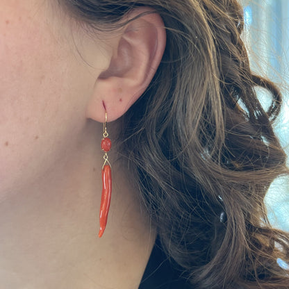 Mid-Century Coral Cornicello Drop Earrings in 14k Yellow Gold