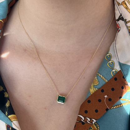 Horizontal Bezel Set Emerald Pendant Necklace in 18k Yellow Gold