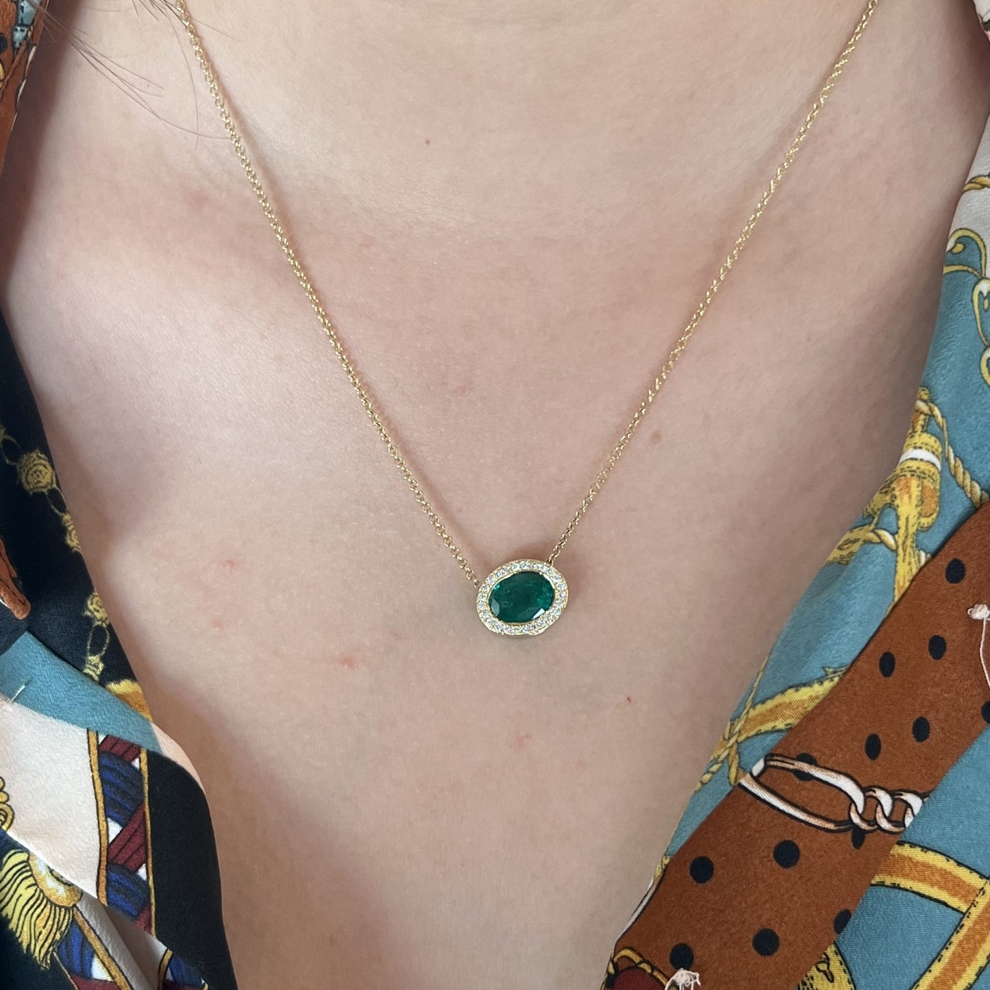 Diamond Halo Emerald Pendant Necklace in 18k Yellow Gold