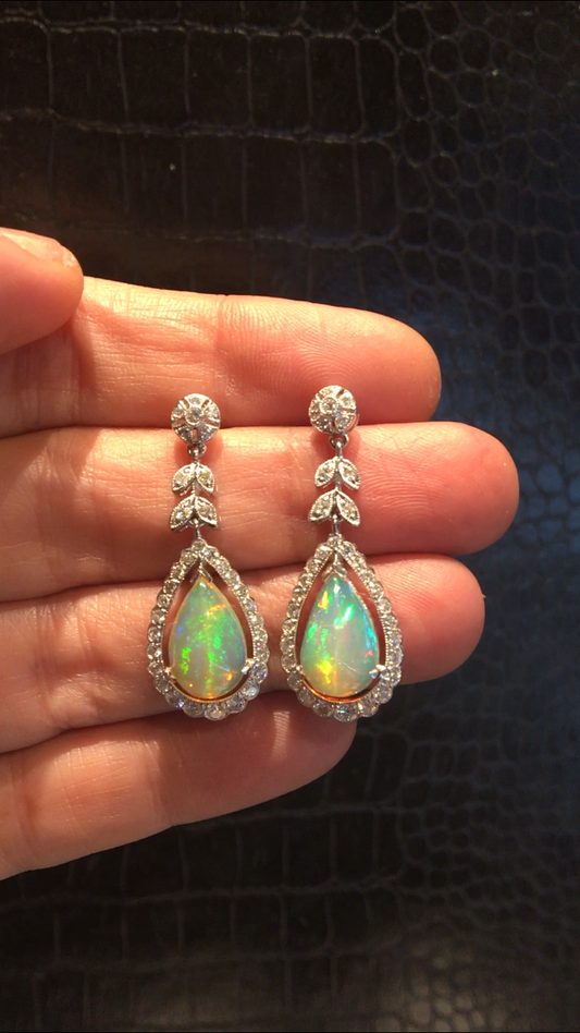 Earrings Modern 4.47 Cabochon Cut Opal & .94 Round Brilliant Cut Diamonds in 18k White Gold