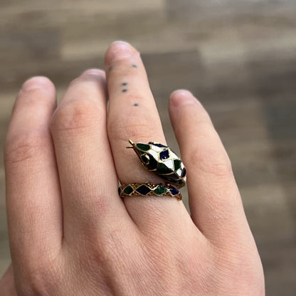 Mid-Century Enamel Snake Cocktail Ring in 14k Yellow Gold