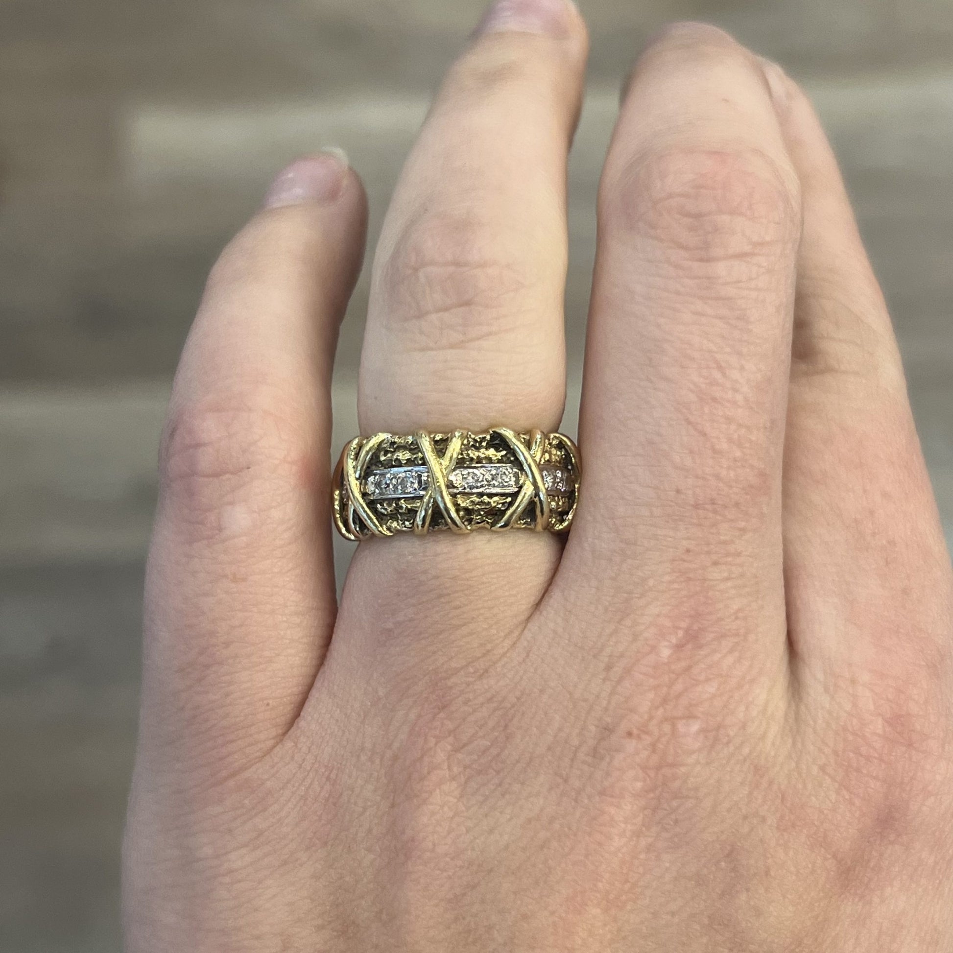 X Patterned Diamond Cocktail Ring in 14k Yellow Gold