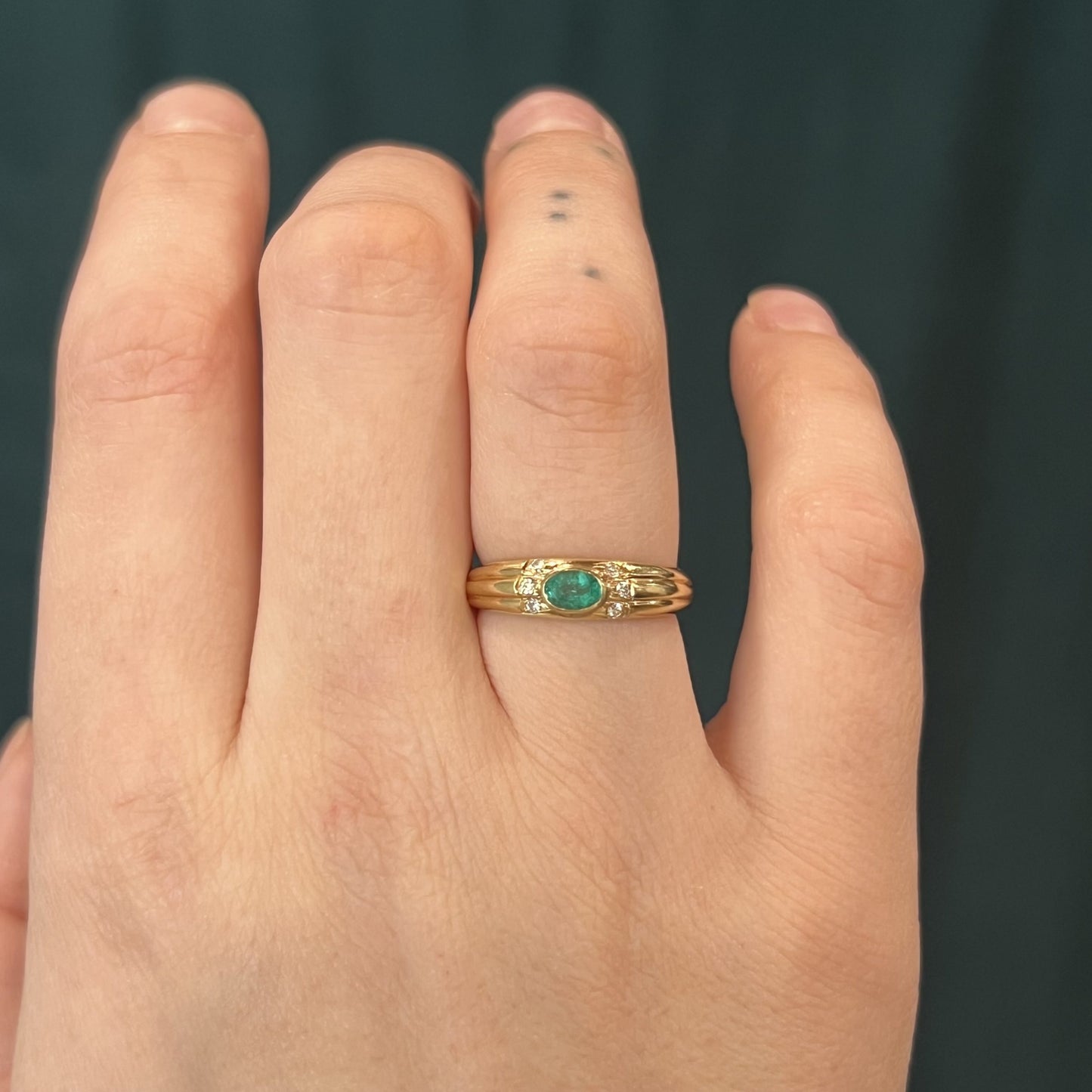 Bezel Set Emerald & Diamond Stacking Ring in 14k Yellow Gold