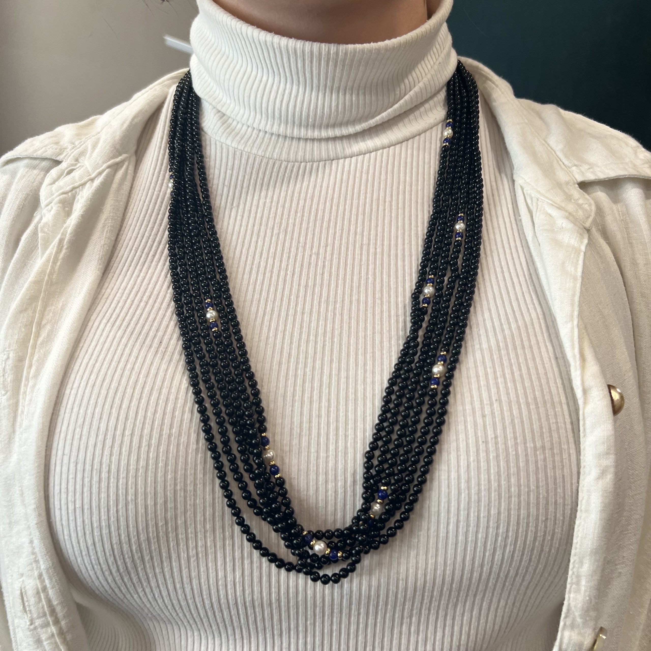 2 Layer Onyx Necklace With German Silver Hollow Beads, Black And White