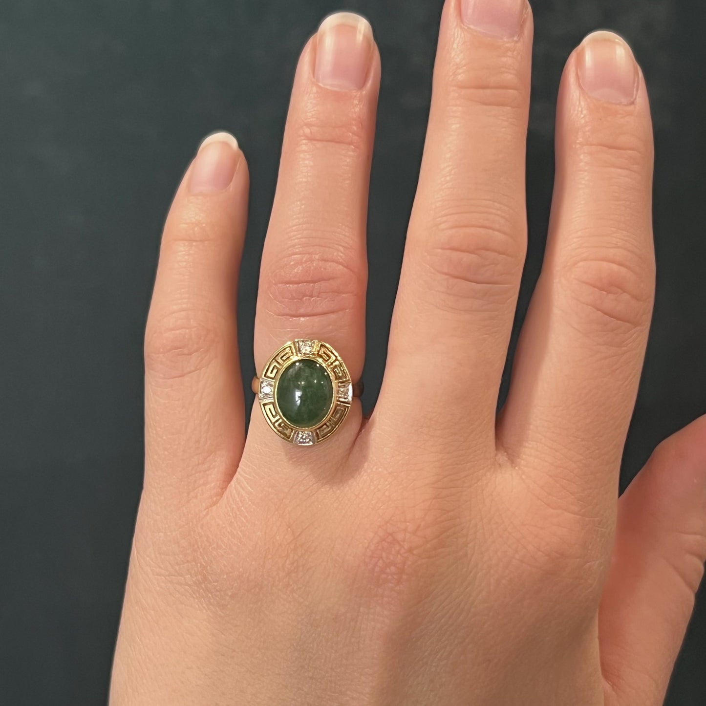 Mid-Century Ornate Jade & Diamond Ring in 18k Yellow Gold