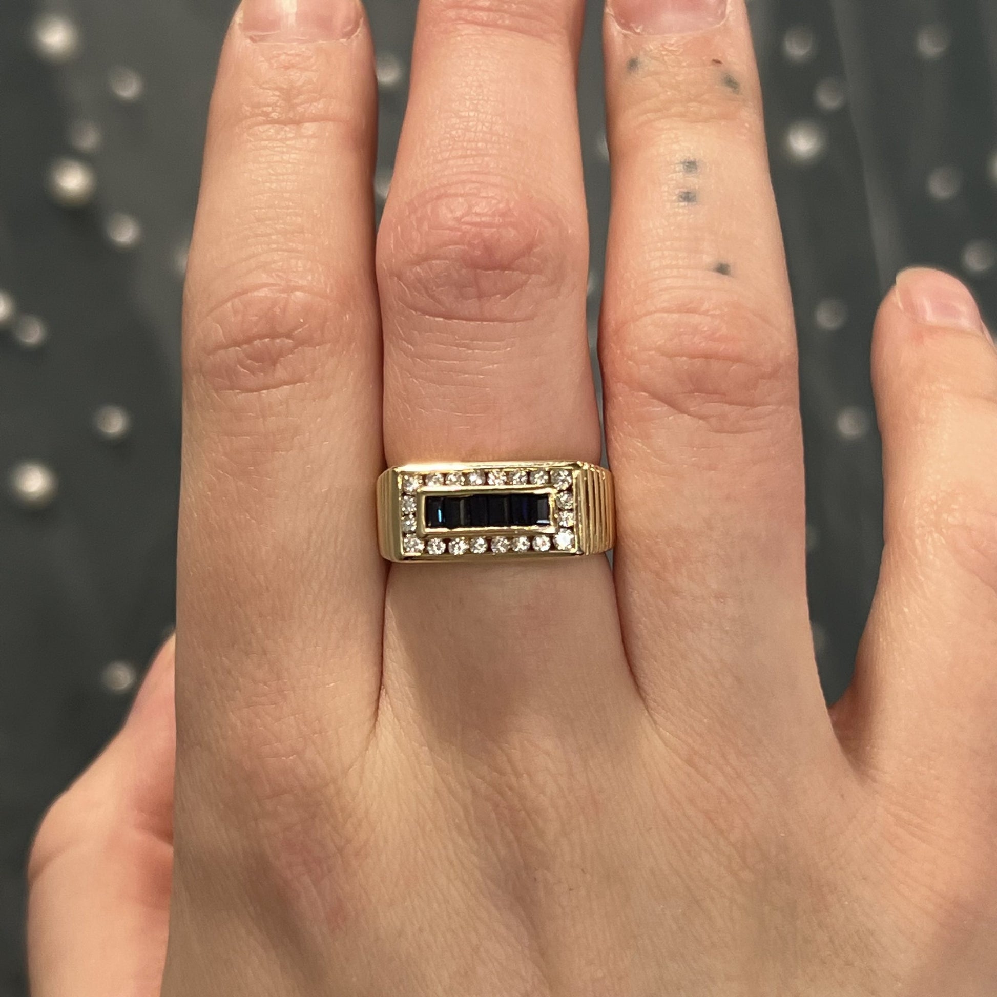 Textured Men's Sapphire Diamond Statement Ring in 14k Yellow