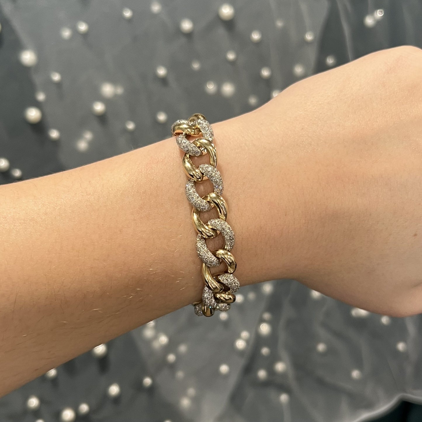 Pave Diamond Curb Link Bracelet in 14k Yellow & White Gold