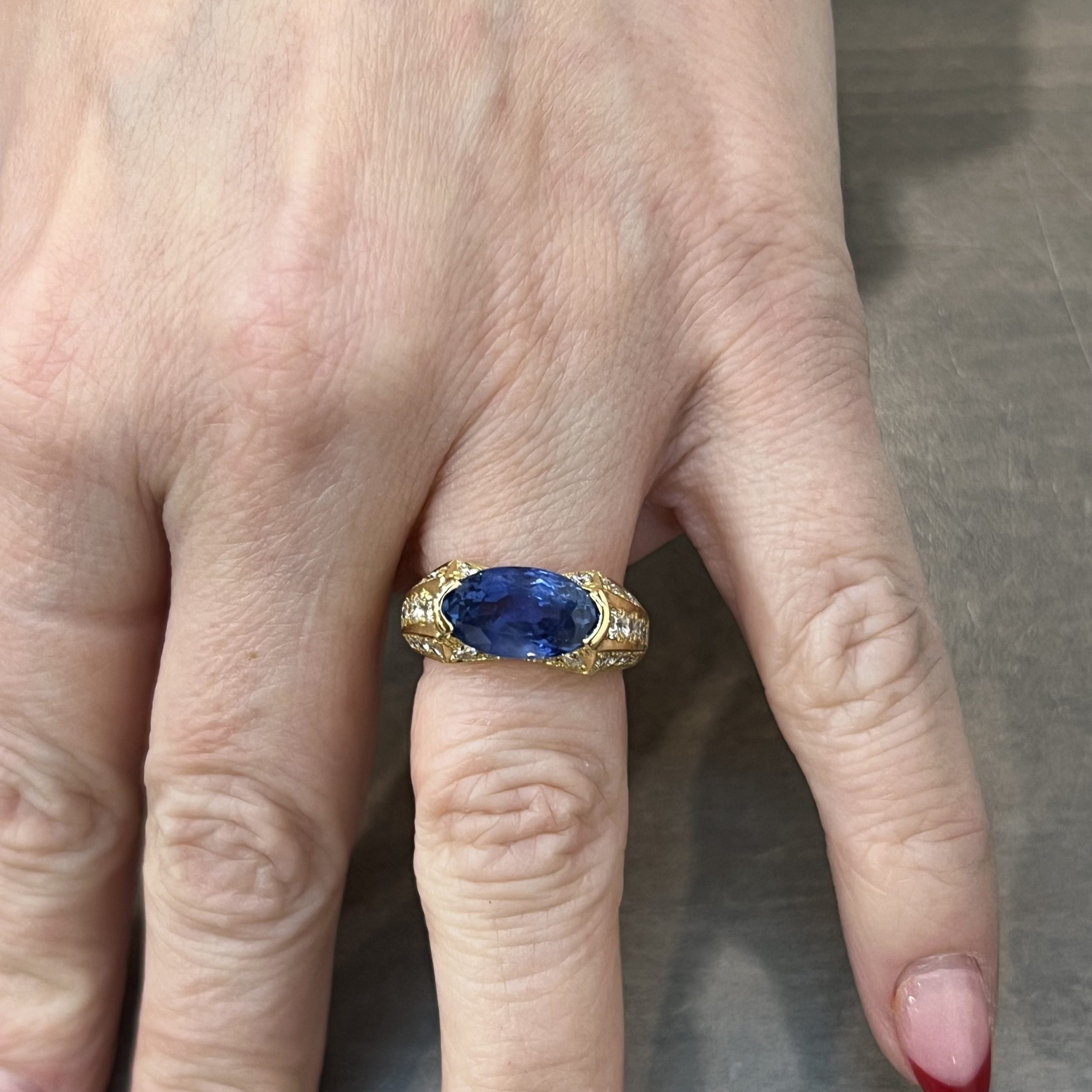 Unheated Ceylon Sapphire & Diamond Ring in 18k Yellow Gold