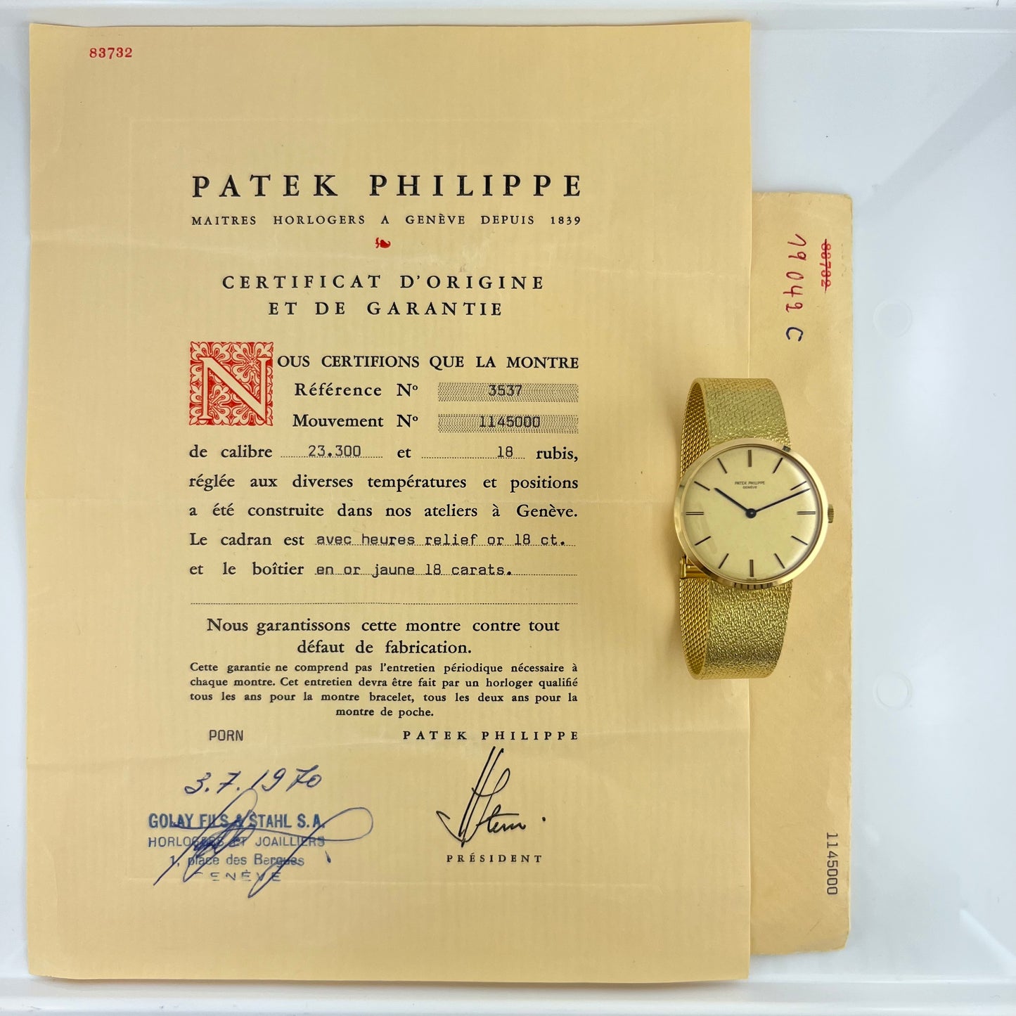 Patek Philippe Vintage 18K Yellow Gold Calatrava 1970 Original Papers 3537