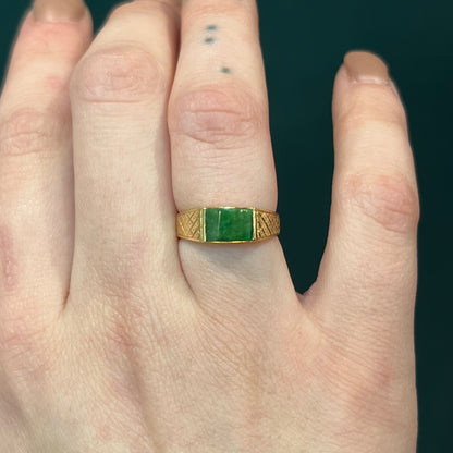 Mid-Century Engraved Jade Ring in 14k Yellow Gold