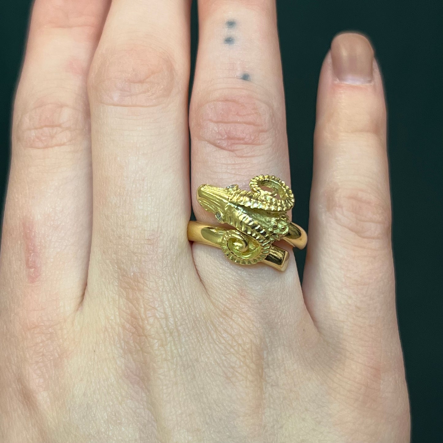 Aries Ram Head Ring in 18k Yellow Gold