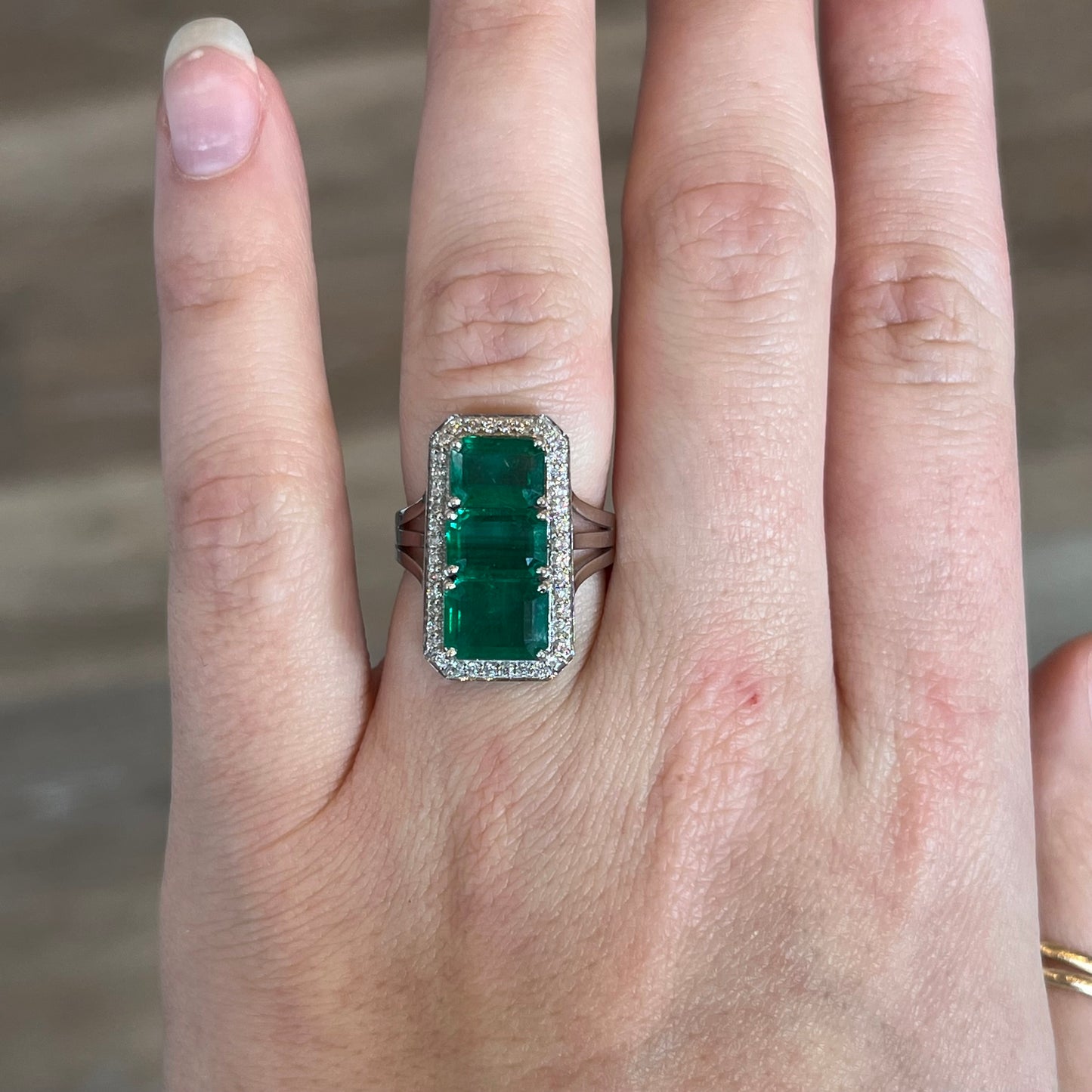 Three Stone Emerald & Diamond Cocktail Ring in 18k White Gold