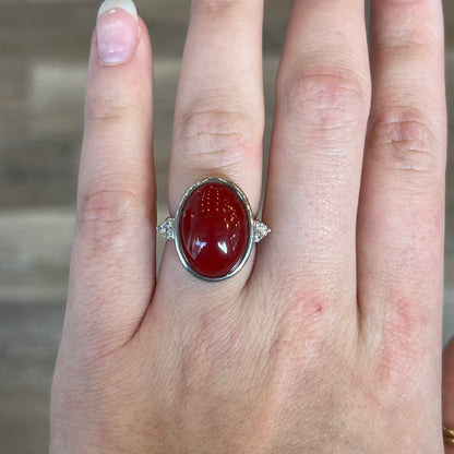 Bezel Set Red Coral & Diamond Cocktail Ring in Platinum