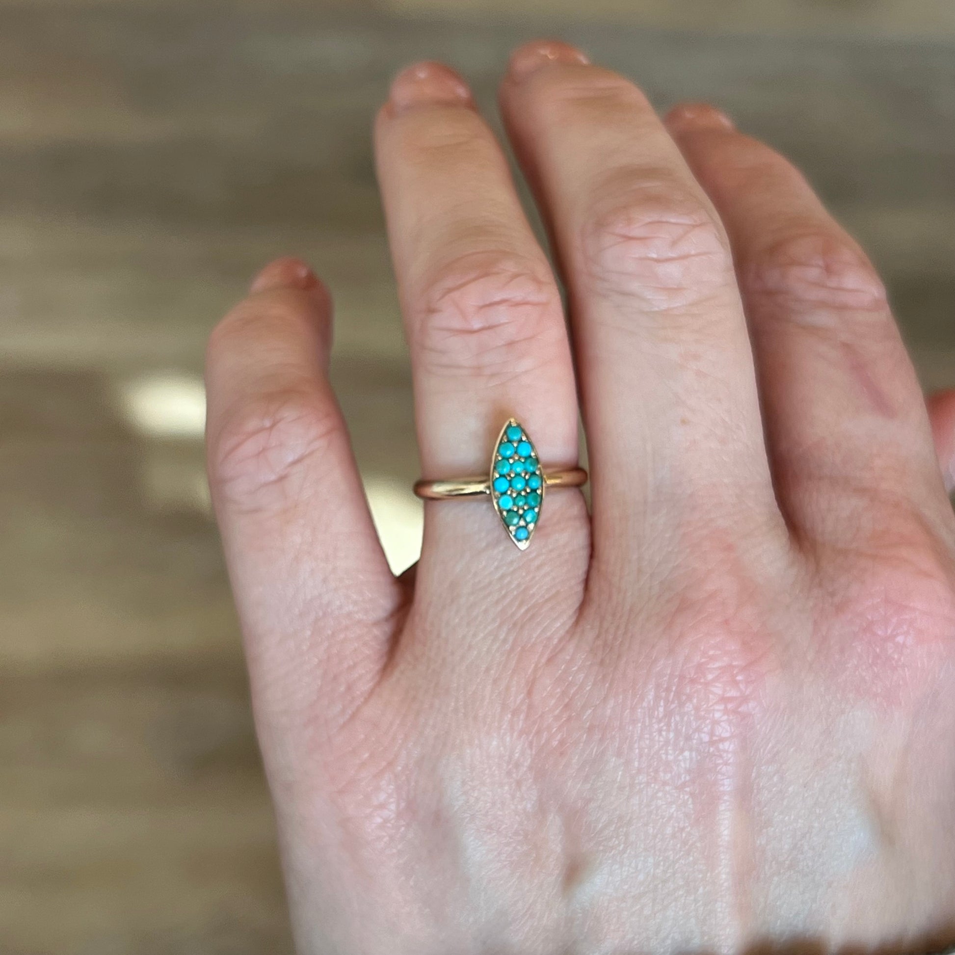 Victorian Navette Turquoise Ring in 14k Yellow Gold