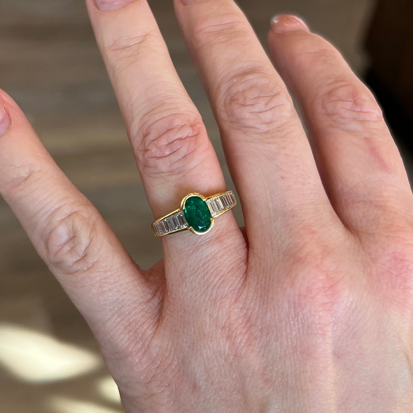 Half Bezel Set Emerald & Diamond Ring in 18k Yellow Gold