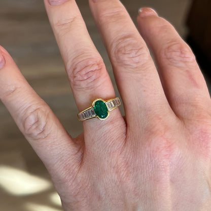 Half Bezel Set Emerald & Diamond Ring in 18k Yellow Gold