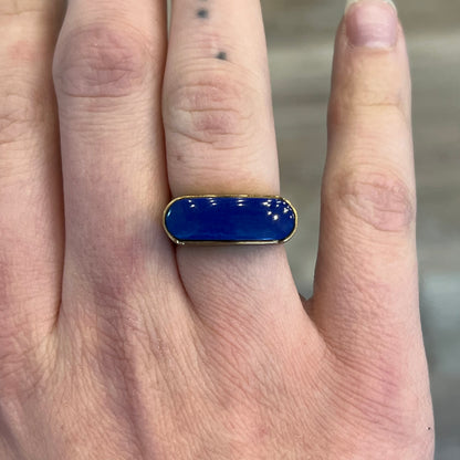 Mid-Century Textured Lapis Saddle Ring in 14k Yellow Gold