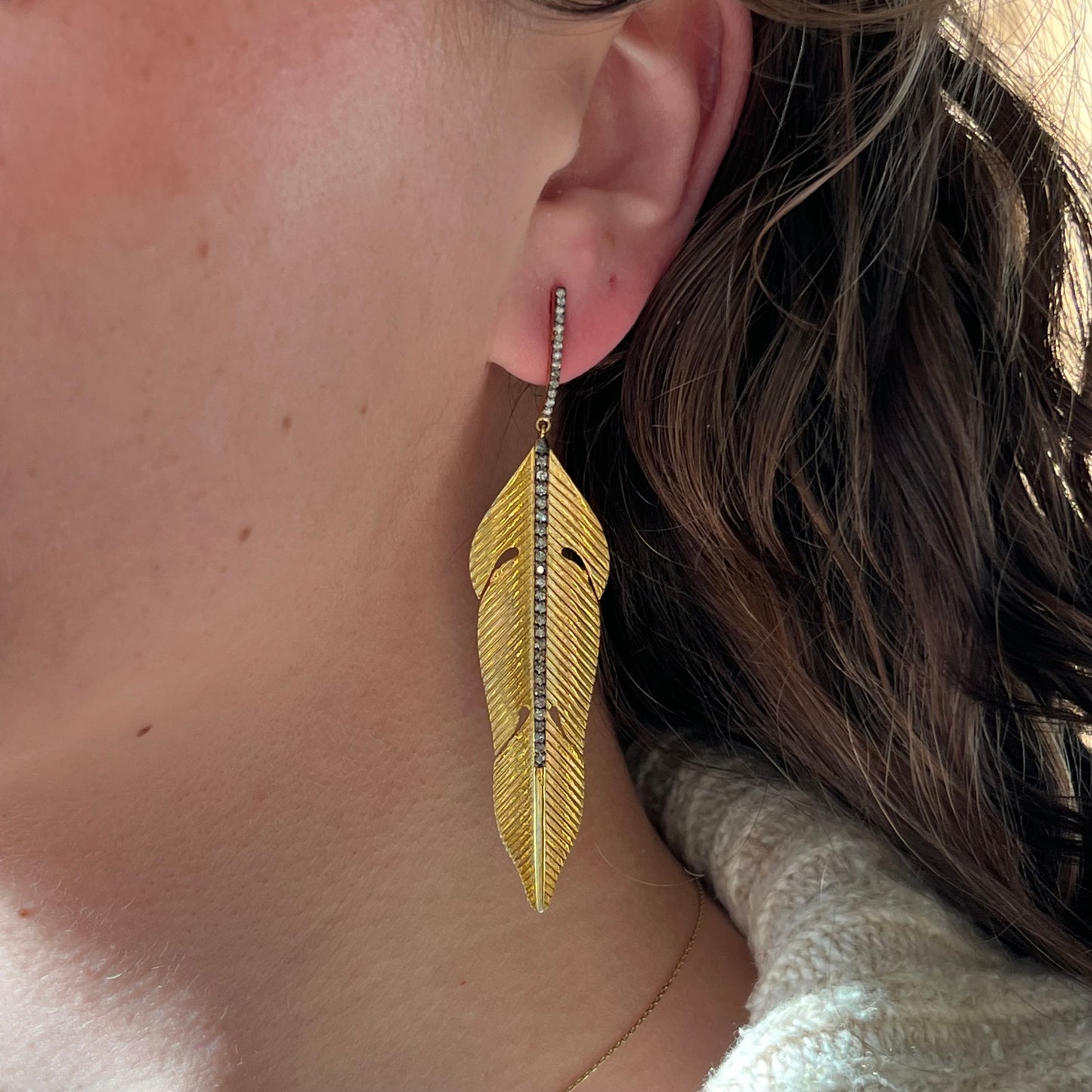 Oversized Diamond Vermeil Leaf Drop Earrings