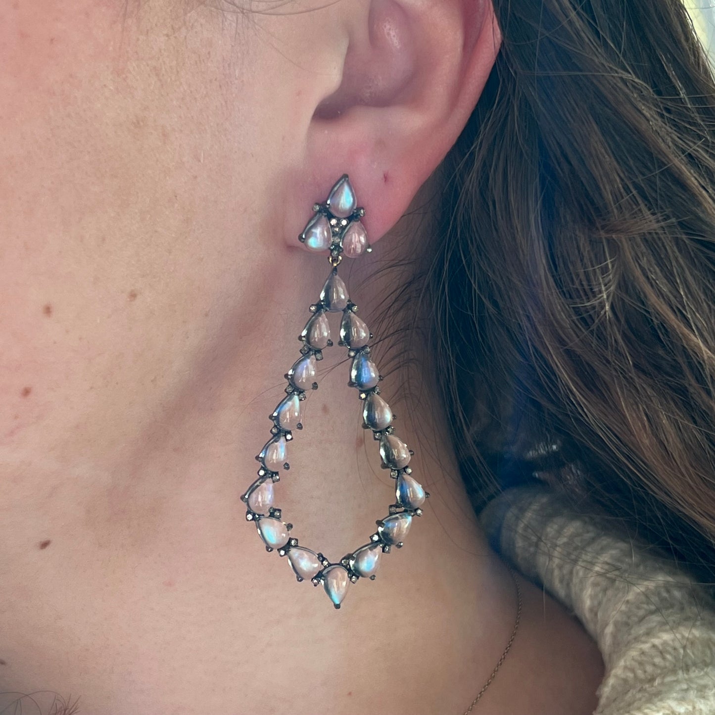 Moonstone & Diamond Drop Earrings in Sterling Silver