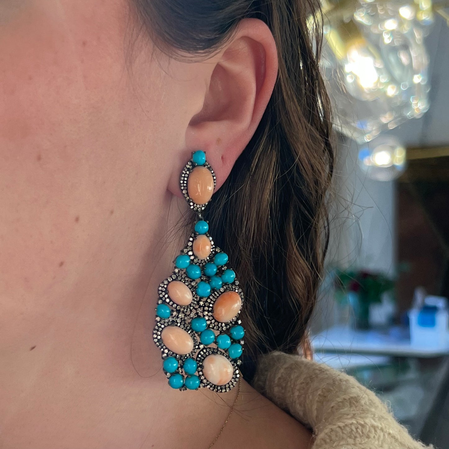 Turquoise, Coral, & Diamond Cluster Drop Earrings in Sterling Silver