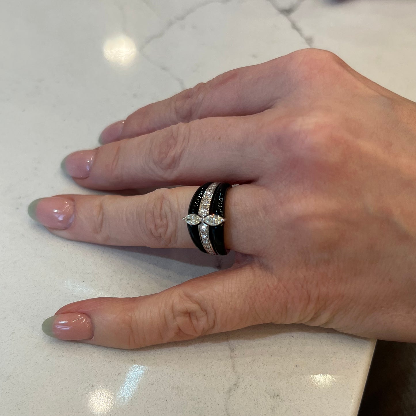 Stacked Black Onyx & Diamond Cocktail Ring in 18k White Gold