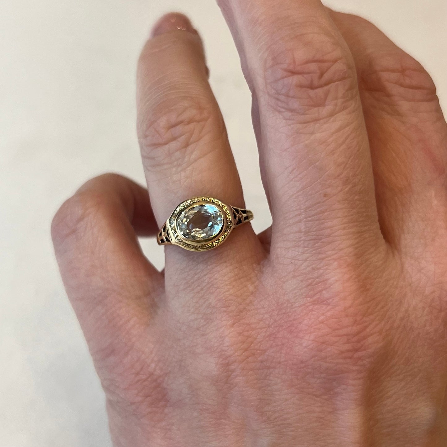 Art Deco Oval Cut Aquamarine Ring in 14k Yellow Gold