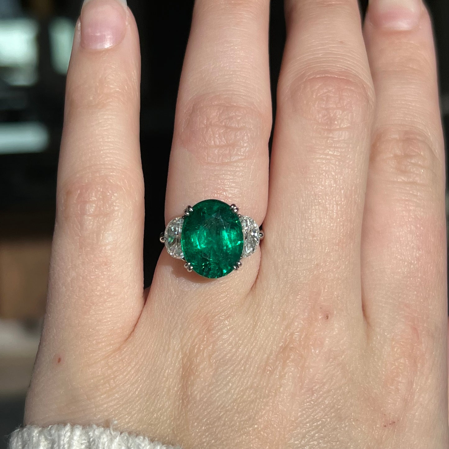 Oval Cut Emerald & Half Moon Diamond Cocktail Ring in Platinum