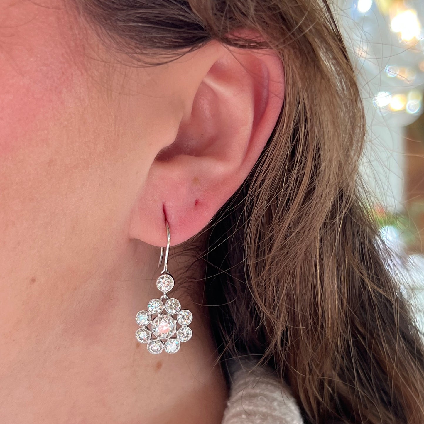 Antique Inspired Diamond Cluster Drop Earrings in Platinum