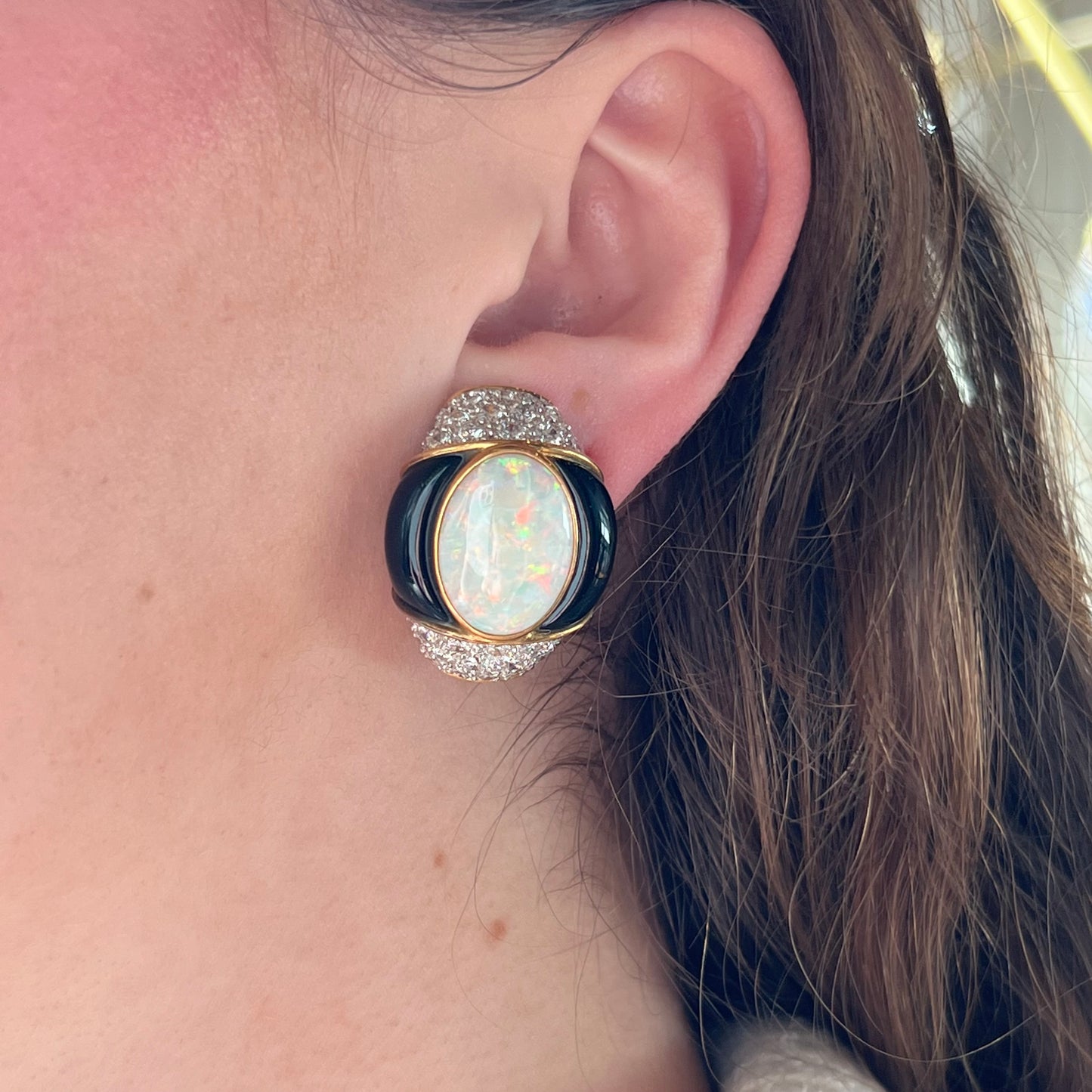 Opal & Diamond Earrings w/ Black Onyx in 18k Yellow Gold