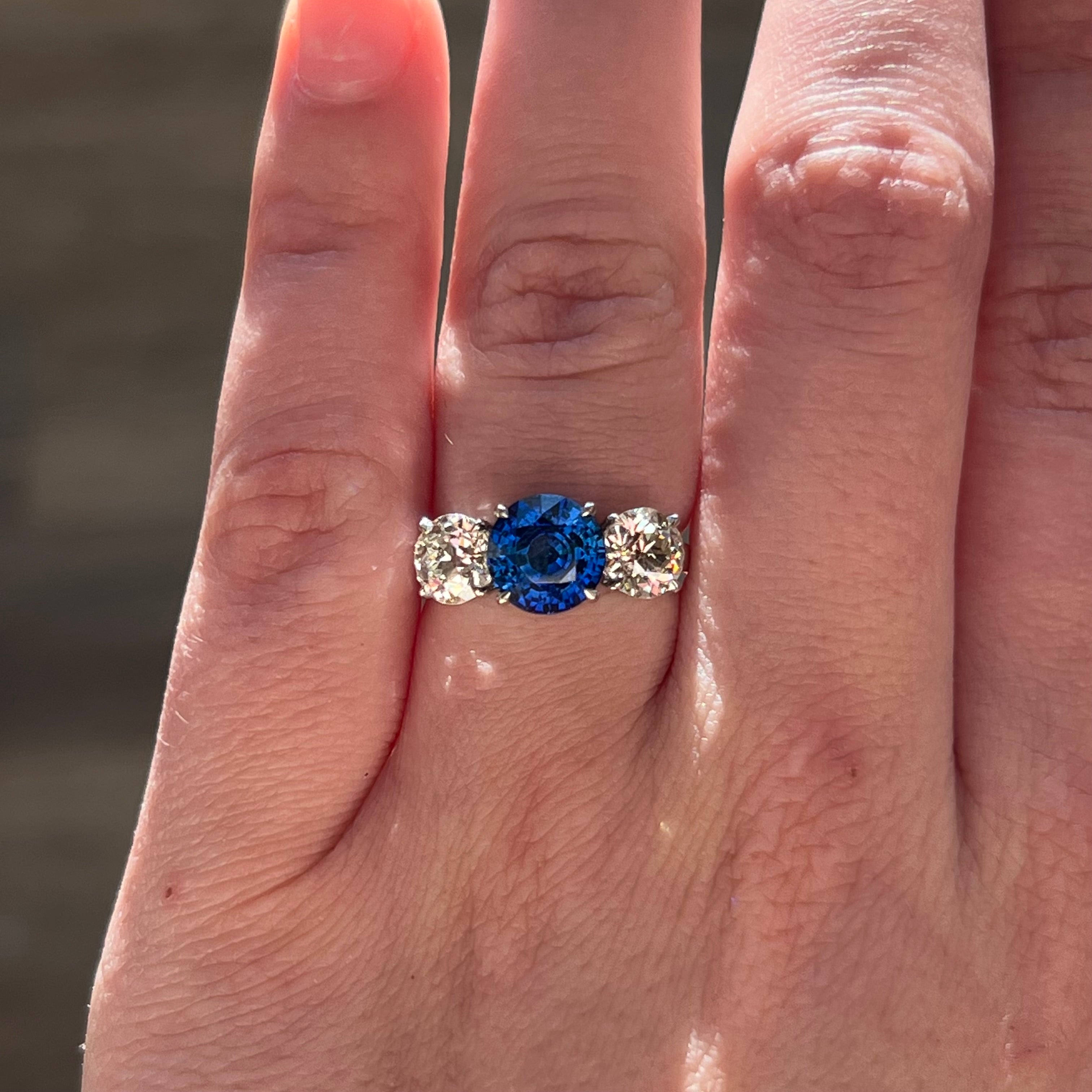 Blue Sapphire Ring Asscher Cut 3 Stone - Rare Earth Jewelry