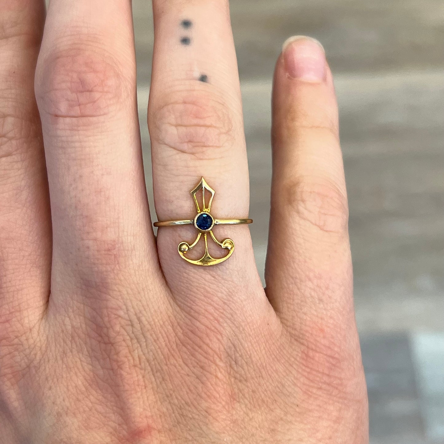 Geometric Victorian Blue Sapphire Ring in 14k Yellow Gold