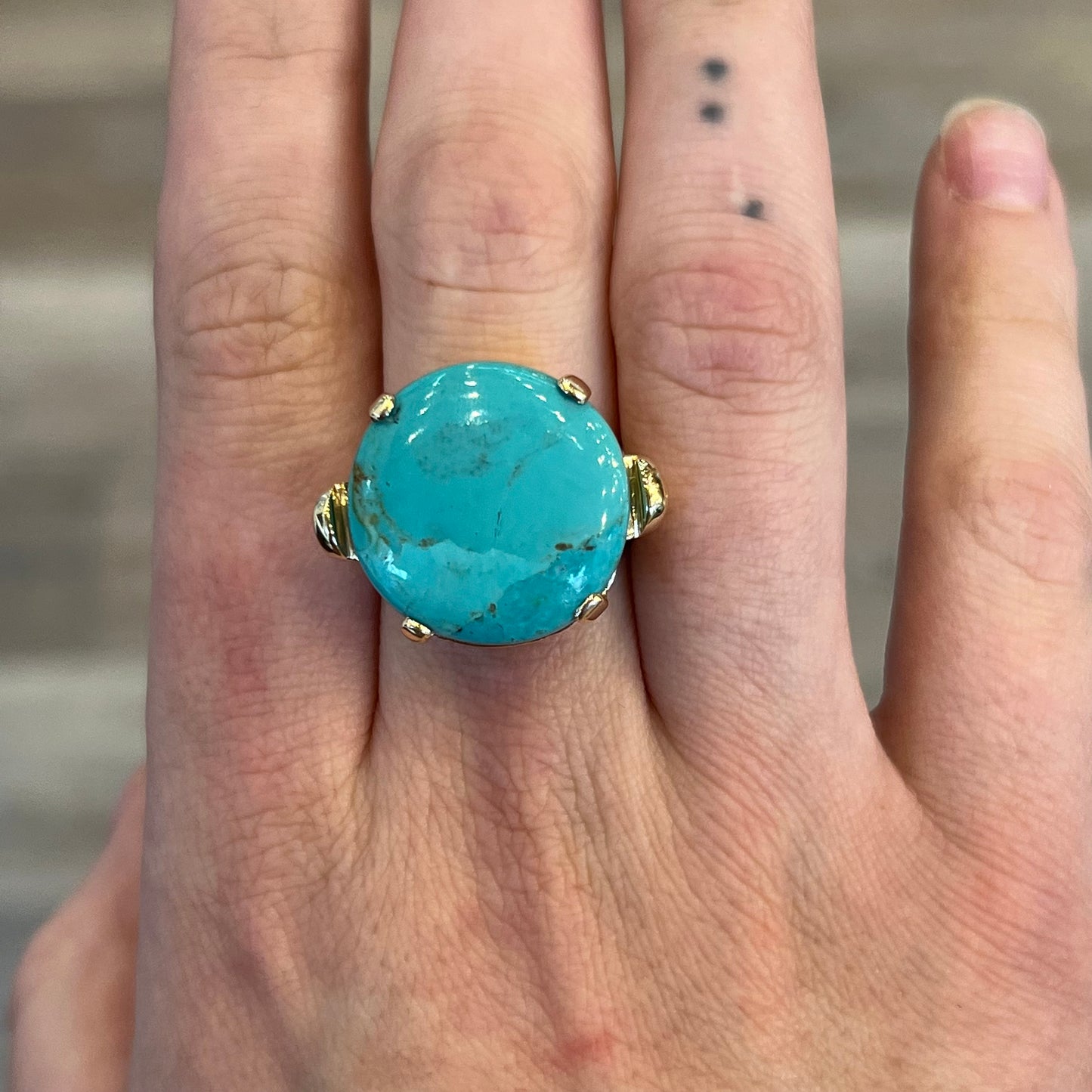 Round Turquoise Mid-Century Cocktail Ring in 14k Yellow Gold