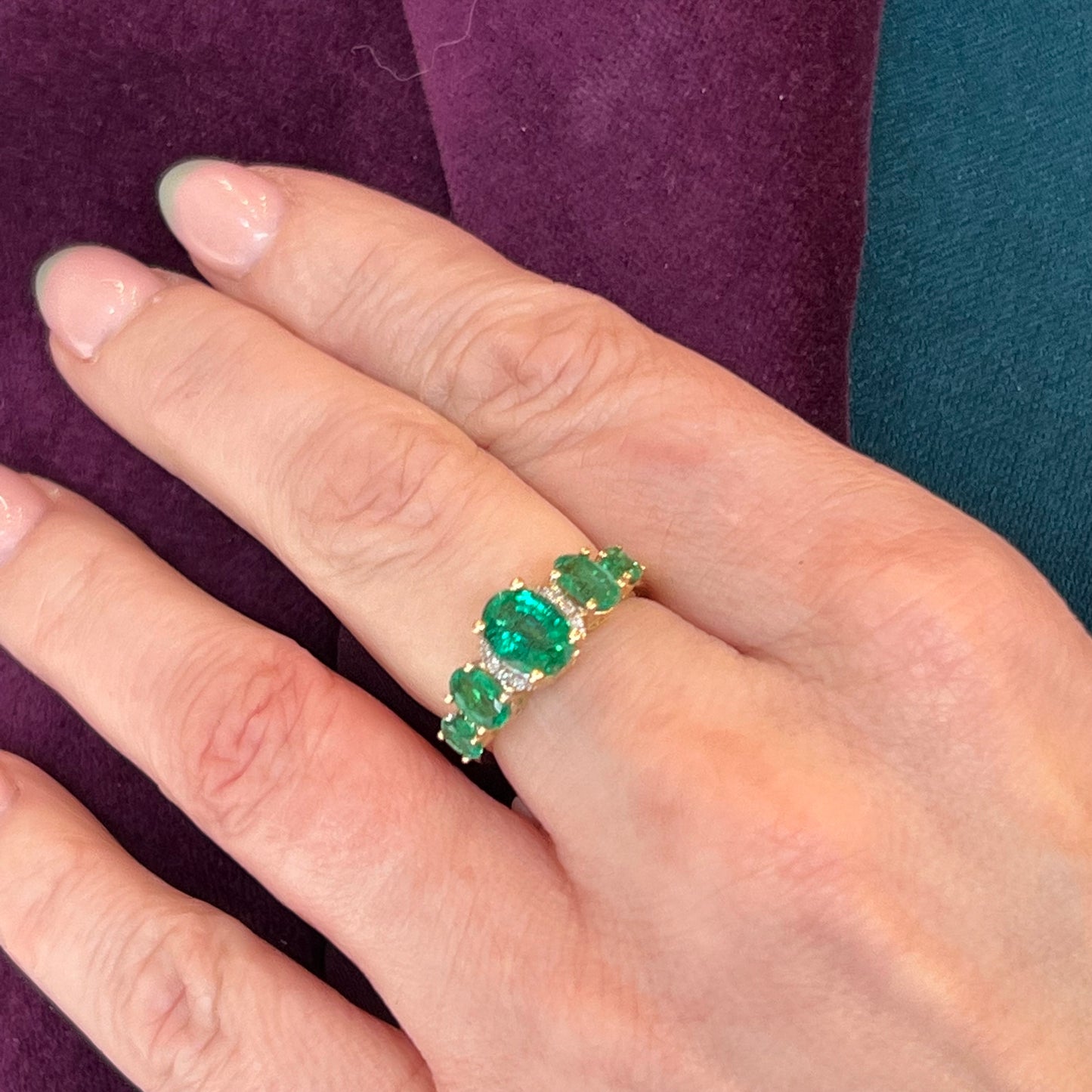 Five Stone Oval Cut Emerald & Diamond Ring in 14k Yellow Gold