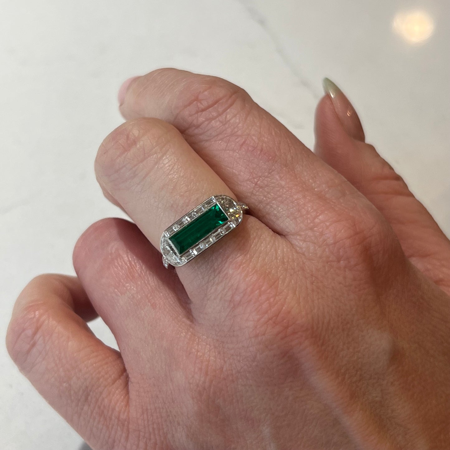 Elongated Emerald & Diamond Cocktail Ring in Platinum