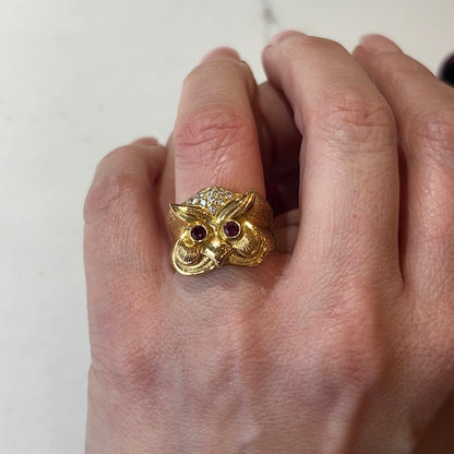 Diamond & Ruby Eyed Owl Cocktail Ring in 18k Yellow Gold