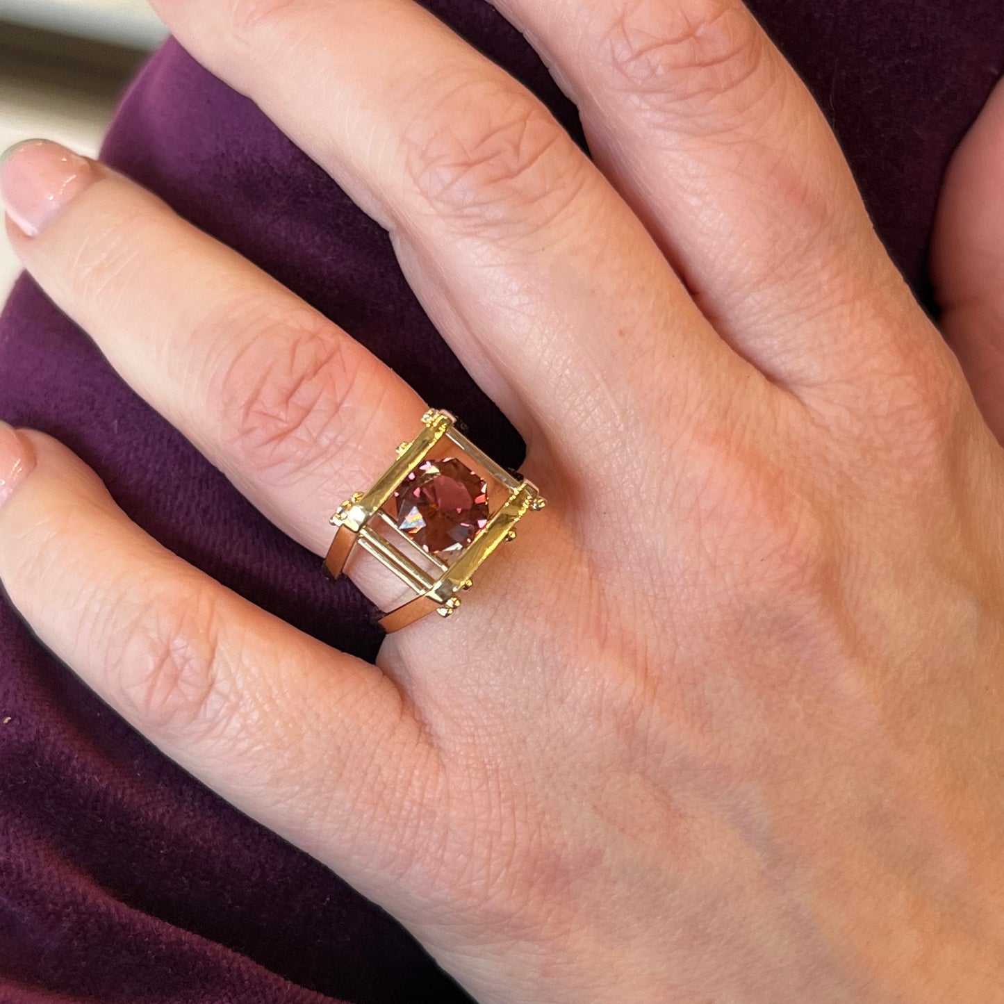 Suspended Rubellite Tourmaline Cocktail Ring in 14k Yellow Gold