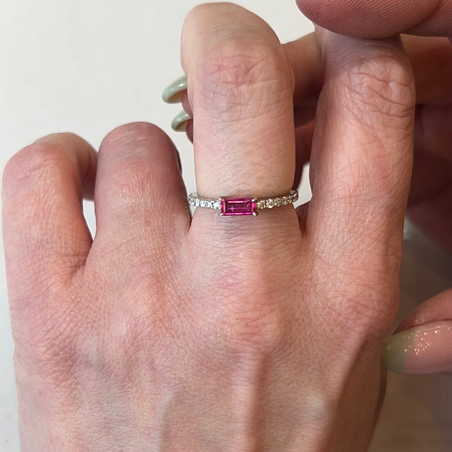 Baguette Cut Ruby & Diamond Stacking Ring in Platinum