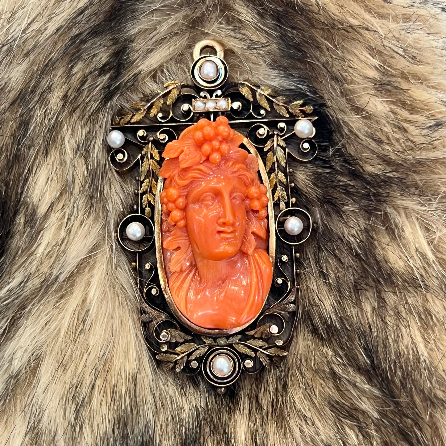 Victorian Carved Coral Cameo Pendant in Yellow Gold