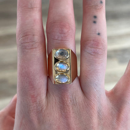 Three Stone Bezel Set Moonstone Cocktail Ring in 14k Yellow Gold