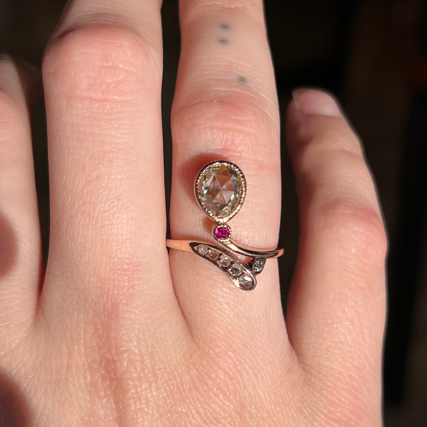 Victorian Rose Cut Diamond Passby Ring in 14k Rose Gold