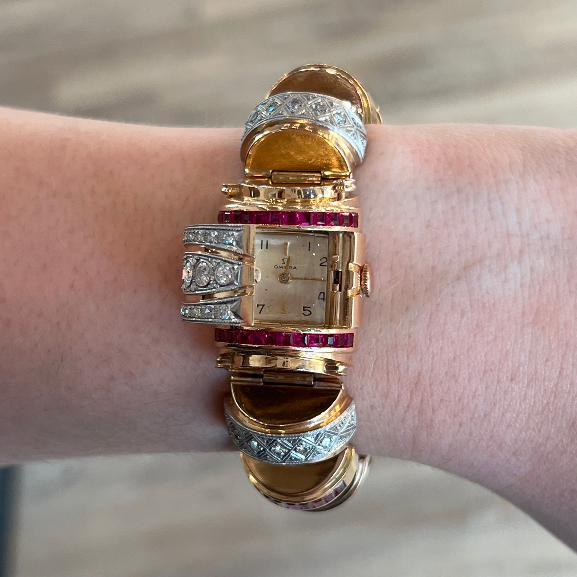 Retro Omega Diamond & Ruby Watch Bracelet in 18k Rose Gold
