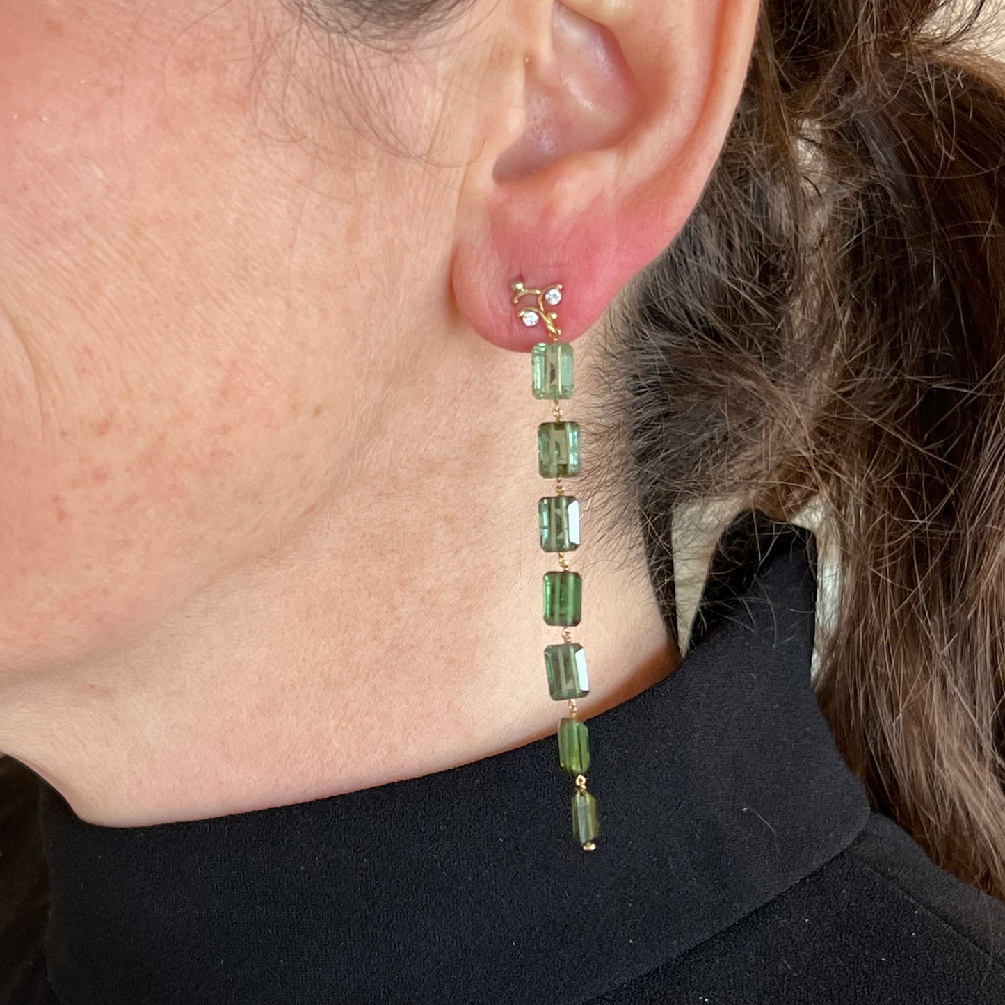 Beaded Green Tourmaline Drop Earrings in 18k Yellow Gold