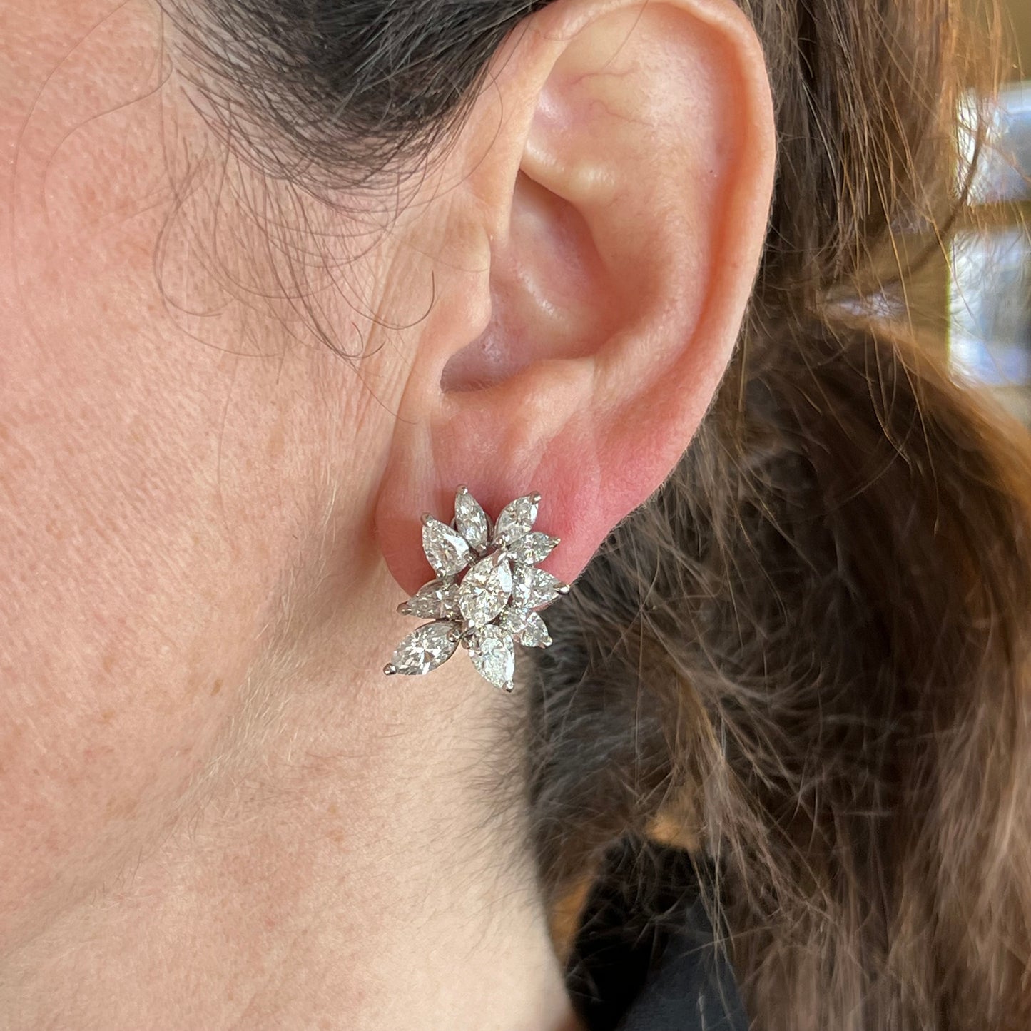 Pear & Marquise Diamond Cluster Stud Earrings in Platinum