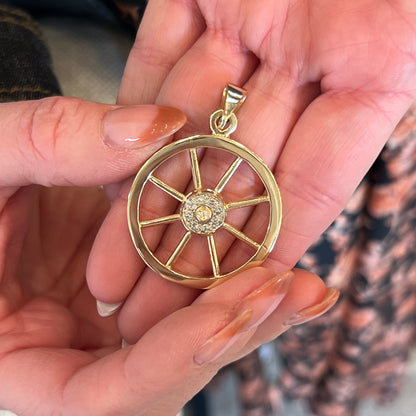 Vintage Diamond Wagon Wheel Pendant in 14k Yellow Gold